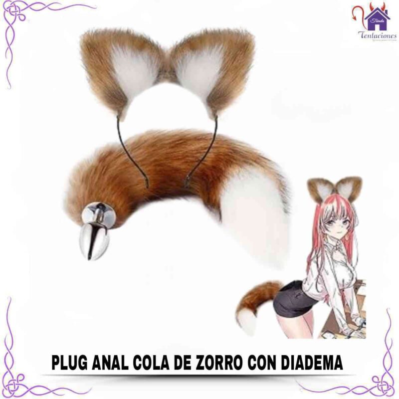 Esta imagen describe la Presentation y Forma de Uso del plug anal cola de zorro con diadema