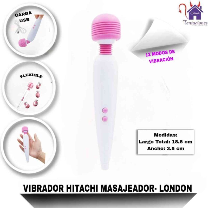 Esta imagen describe la Forma de Uso y Presentation del Vibrador Hitachi Masajeador London
