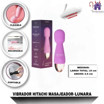 Esta imagen describe las Características y Forma de Uso del Vibrador Hitachi Masajeador Lunara