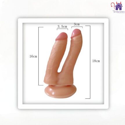 Esta imagen describe las Medidas y Forma de Uso del Dildo Consolador Doble Blacky