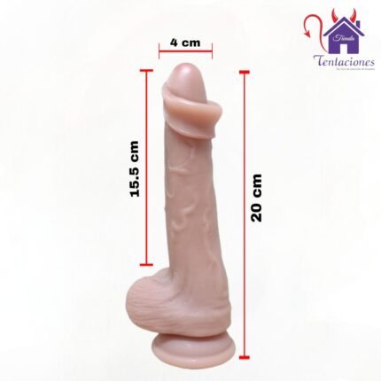 Esta imagen describe las Medidas y Características del Consolador con Prepucio Brunner