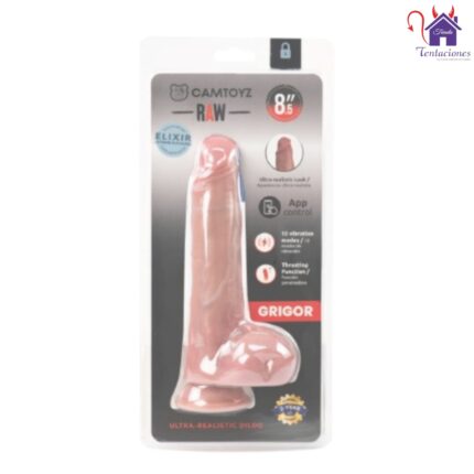 Esta imagen describe la Presentación y Forma de Uso del Dildo Vibrador Telescópico con Aplicación app Grigor