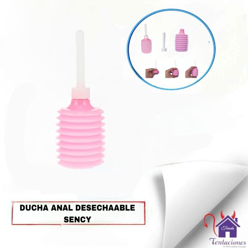 Esta imagen describe la Presentación y Forma de Uso de la Ducha Anal Desechable Sency
