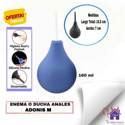 La imagen describe la Presentación y Medidas del Enema o Ducha Anales Adonis M