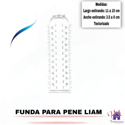 La imagen describe la Forma de Uso y Presentación de la Funda para pene Liam