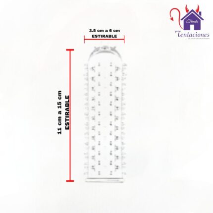 La imagen describe las Medidas y Características de la Funda para pene Liam