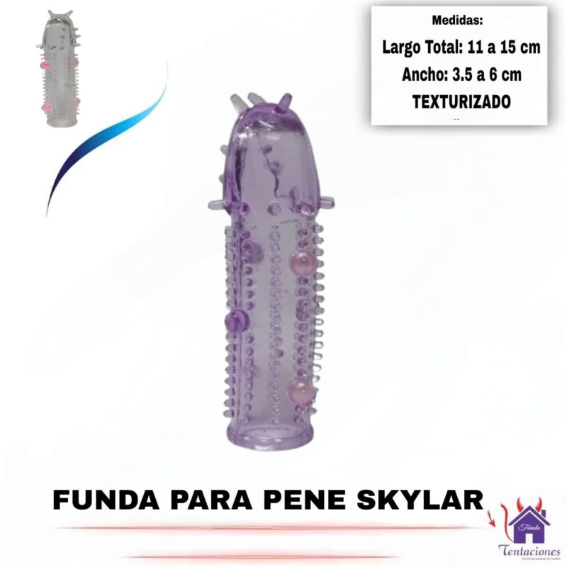 Esta imagen describe la Forma de Uso y Presentación de la Funda para pene Skylar