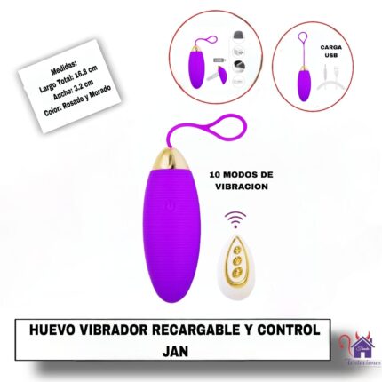 Esta imagen describe la Presentación y las Medidas del Huevo Vibrador Recargable con Control Remoto Jan