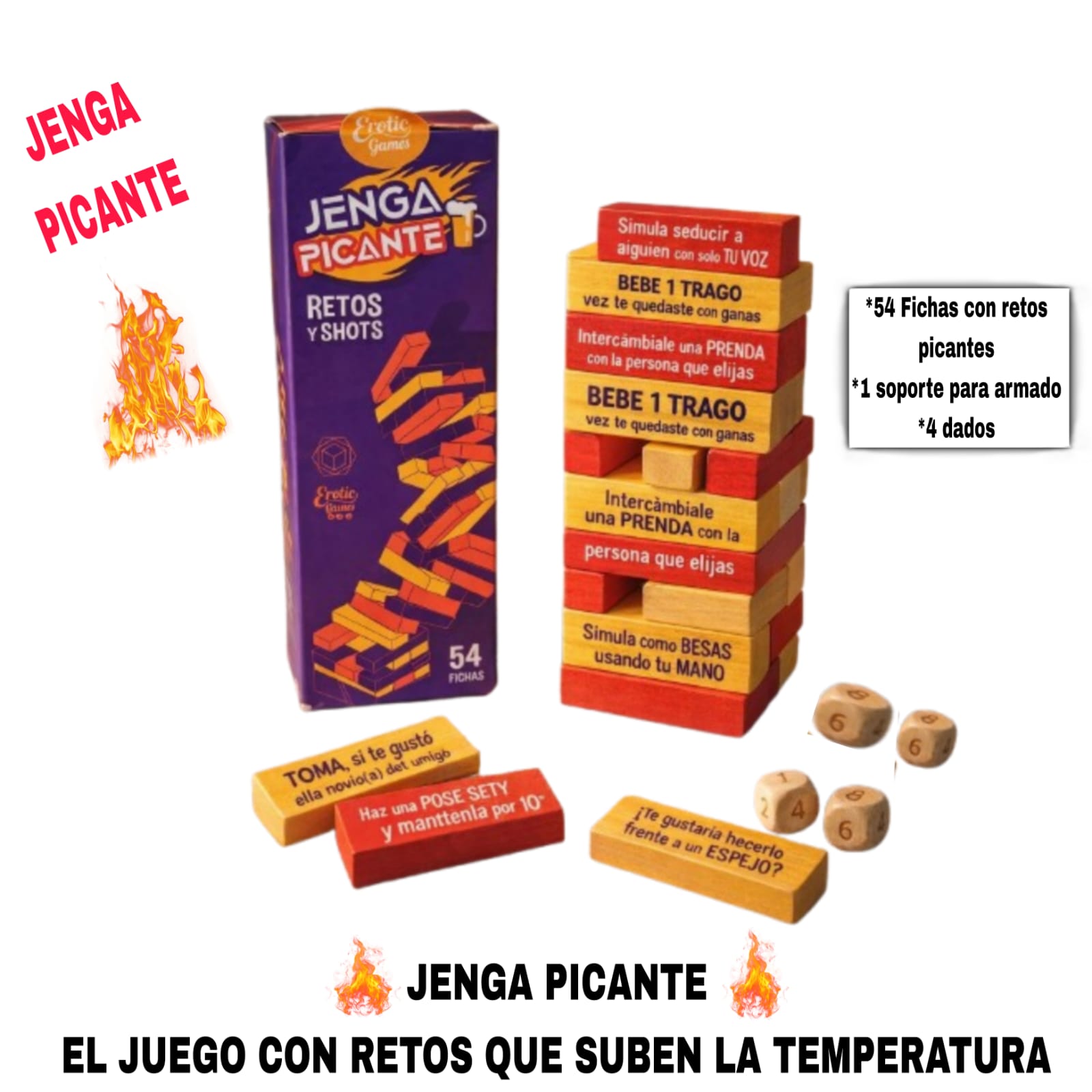 Juego Jenga Picante-Contenido y Caracteristicas Esta imagen describe el Contenido y Características del Juego Jenga Picante