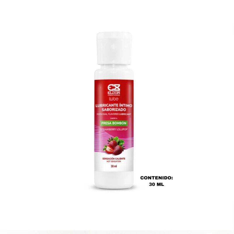 Esta imagen describe el Contenido y Características del Lubricante Caliente Sabor Fresa Bombón