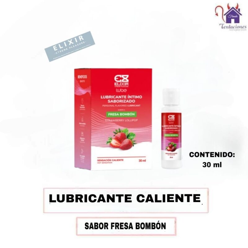 Esta imagen describe la Presentación y Contenido del Lubricante Caliente Sabor Fresa Bombón