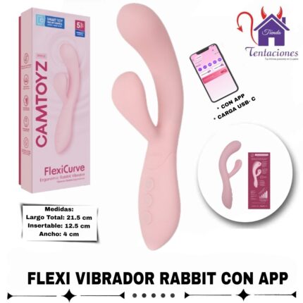 Esta imagen describe la Presentación y Medidas del Flexi Vibrador Rabbit con App