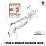 Esta imagen describe las Medidas y Presentación de la Funda o Extension Vibradora Rocco