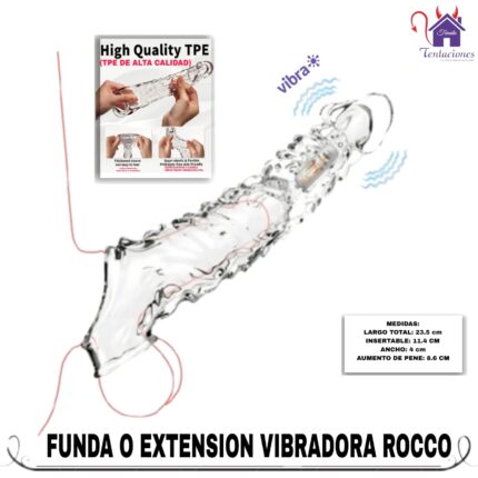 Esta imagen describe las Medidas y Presentación de la Funda o Extension Vibradora Rocco