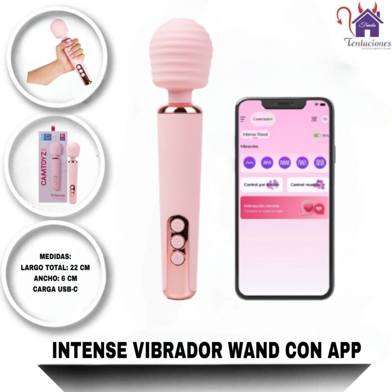 Esta imagen describe las Medidas y Presentación del Intense Vibrador Wand con App