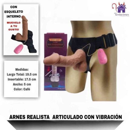 Esta imagen describe las Características y Forma de Uso del Arnés Realista Articulado con Vibración
