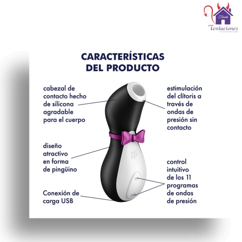 Esta imagen describe las Características y Presentación del Satisfyer Penguin Succionador