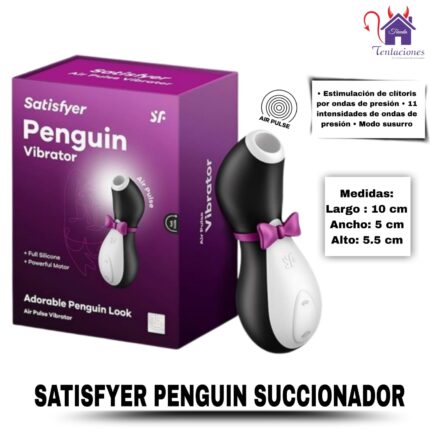 Esta imagen describe el Contenido y Medidas del Satisfyer Penguin Succionador