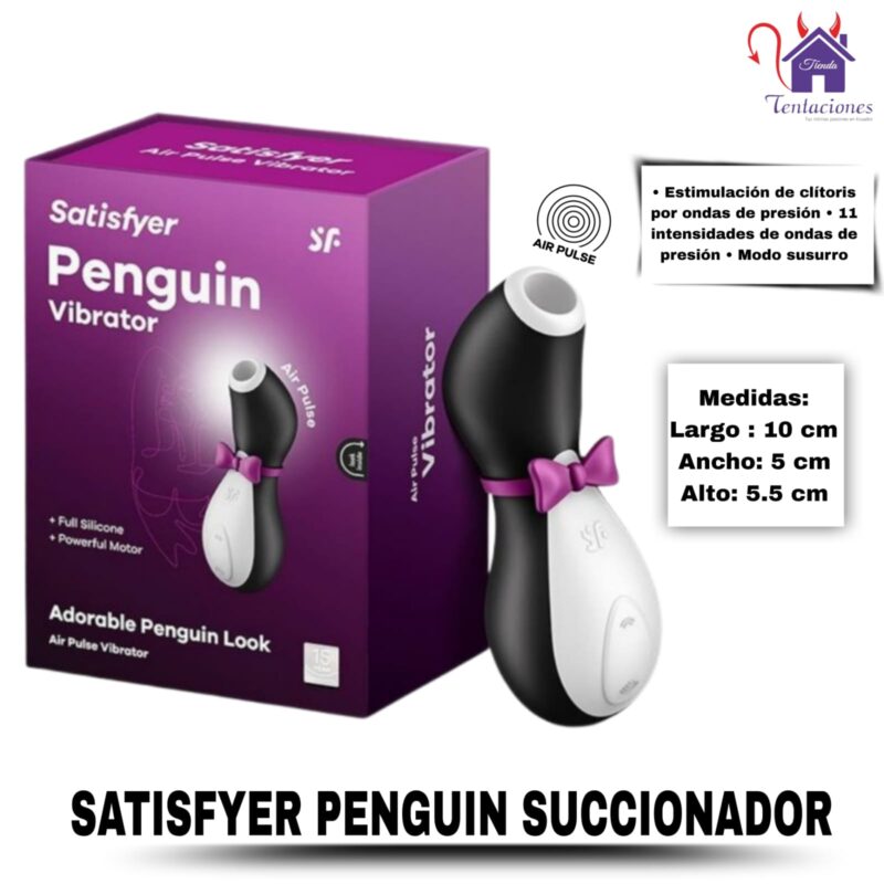 Esta imagen describe el Contenido y Medidas del Satisfyer Penguin Succionador