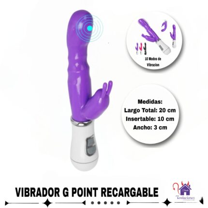 Esta imagen describe las medidas y Forma de Uso del Vibrador G Point Recargable