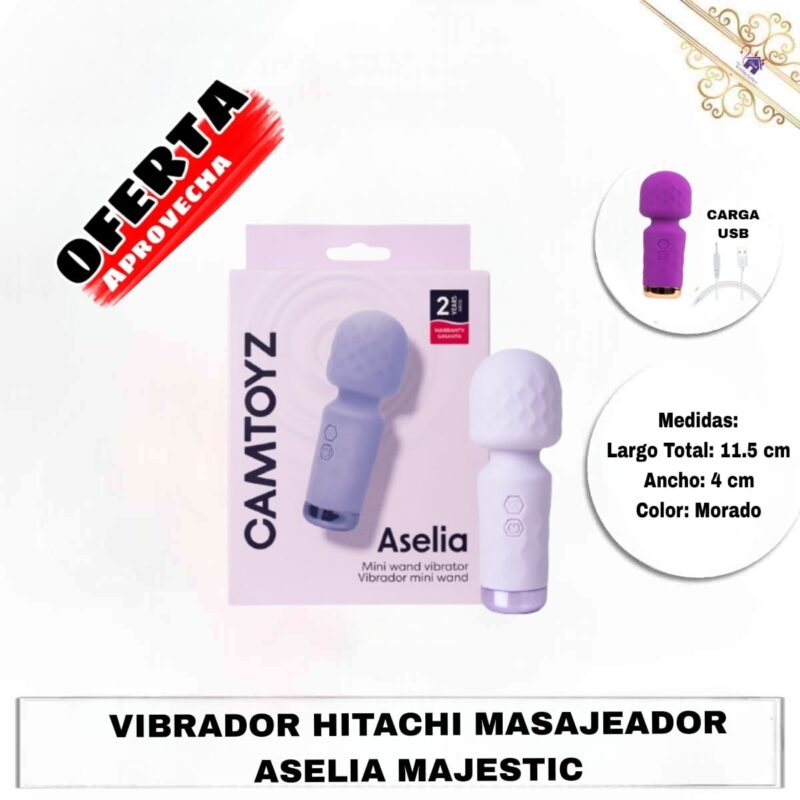 Esta imagen las Medidas y Contenido del Vibrador Hitachi Masajeador Aselia Majestic