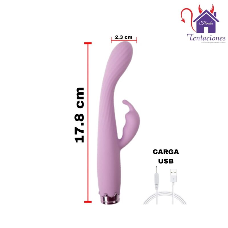 Esta imagen describe las Medidas y Características del Vibrador Rabbit Cleo
