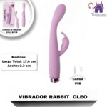 Esta imagen describe las Medidas y Presentación del Vibrador Rabbit Cleo