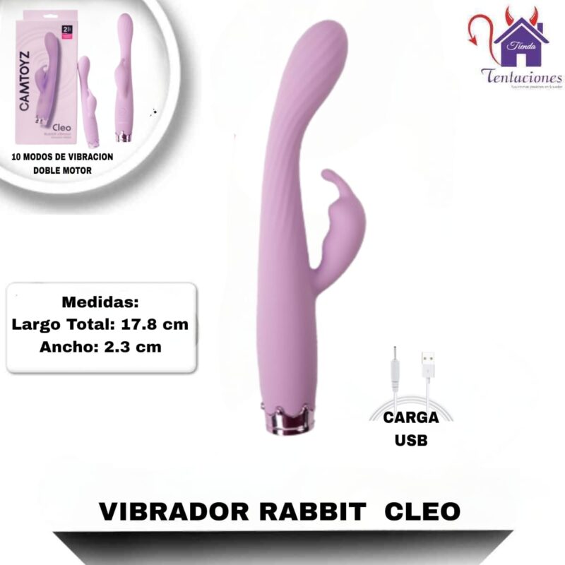 Esta imagen describe las Medidas y Presentación del Vibrador Rabbit Cleo
