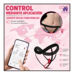 Esta imagen describe la Forma de Uso y Contenido del Vibrador Shibui Recargable con Arnes Ajustable, control remoto inalambrico y App