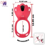Esta imagen describe las Medidas y Características del Vibrador Shibui Recargable con Arnes Ajustable, control remoto inalambrico y App