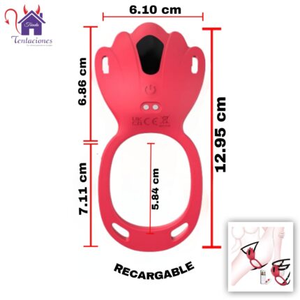 Esta imagen describe las Medidas y Características del Vibrador Shibui Recargable con Arnes Ajustable, control remoto inalambrico y App