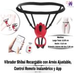 Esta imagen describe las Medidas y Presentación del Vibrador Shibui Recargable con Arnes Ajustable, control remoto inalambrico y App
