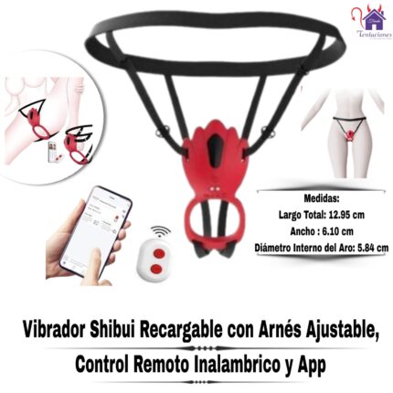 Esta imagen describe las Medidas y Presentación del Vibrador Shibui Recargable con Arnes Ajustable, control remoto inalambrico y App