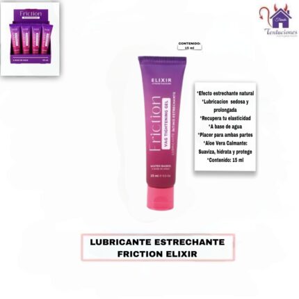 Esta imagen describe las Características y Contenido del Lubricante Estrechante Friction Elixir