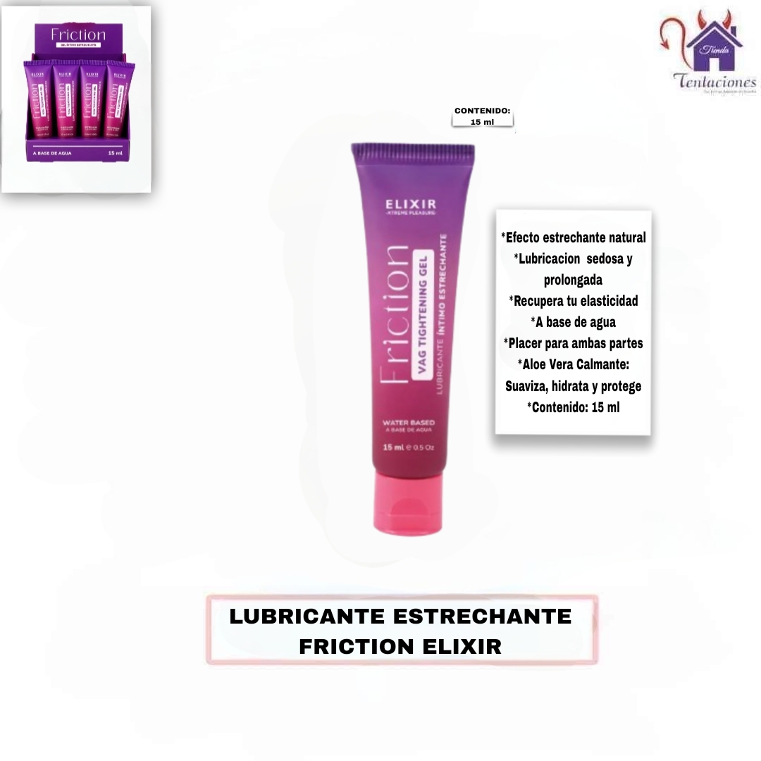 Lubricante Estrechante Friction Elixir-Caracteristicas y Contenido Esta imagen describe las Características y Contenido del Lubricante Estrechante Friction Elixir