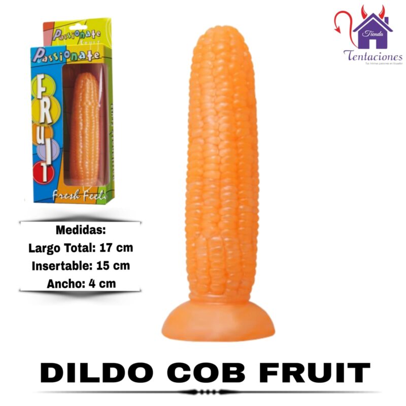 Esta imagen describe las Medidas y Contenido del Dildo Cob Fruit