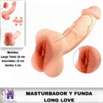 Esta imagen describe la Presentación y Medidas del Masturbador y Funda Long Love