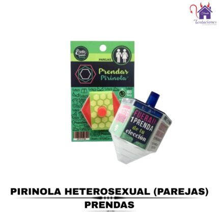 Esta imagen describe el Contenido y Medidas de la Pirinola Heterosexual Parejas Prendas