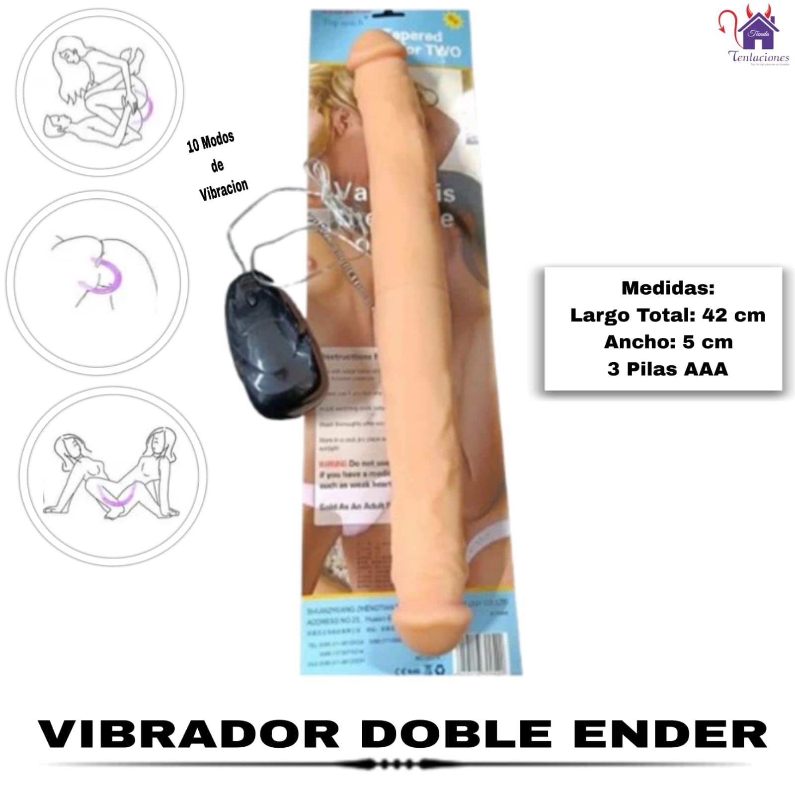 Vibrador Doble Ender-Contenido y Medidas Esta imagen describe el Contenido y Medidas del Vibrador Doble Ender