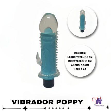 Esta imagen describe las Medidas y Características del Vibrador Poppy