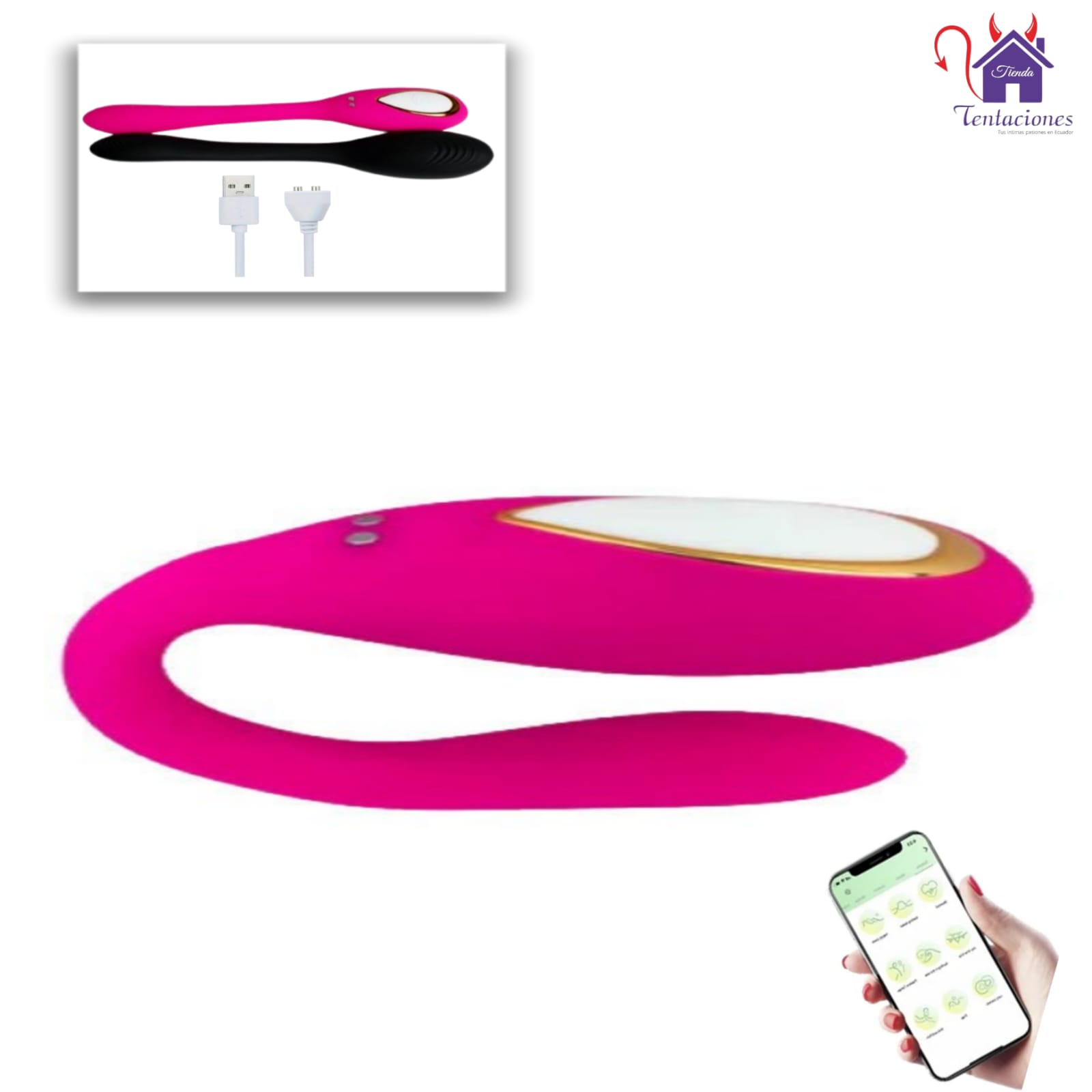 Vibrador con App Azra-Medidas y Contenido Esta imagen describe las Medidas y Contenido del Vibrador con App Azra